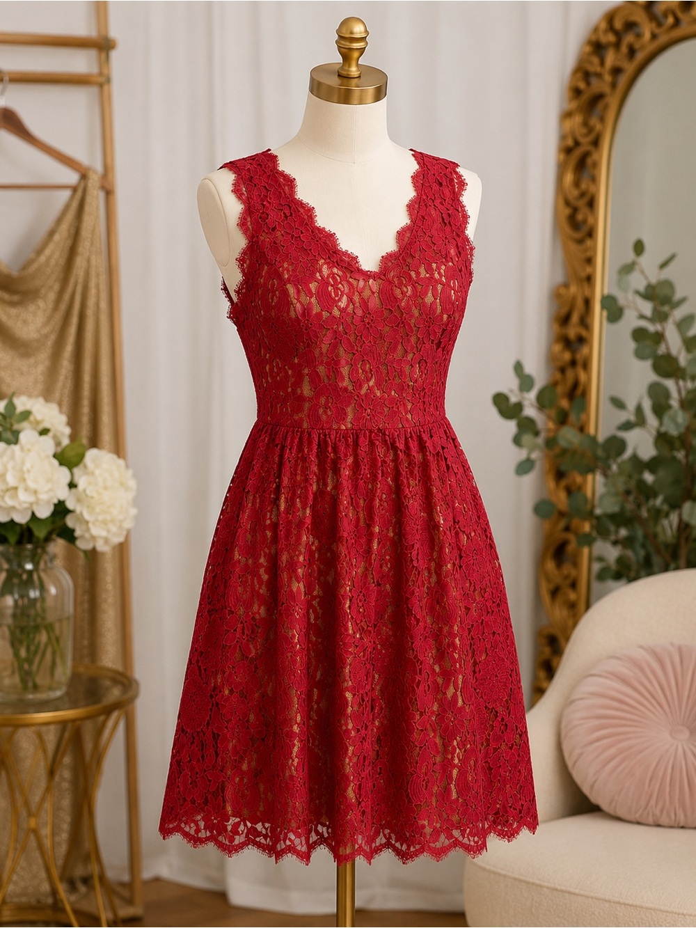 Greylyn Red Lace Fit & Flare Dress Gold Lining Romantic Cocktail Medium - Picture 2 of 10